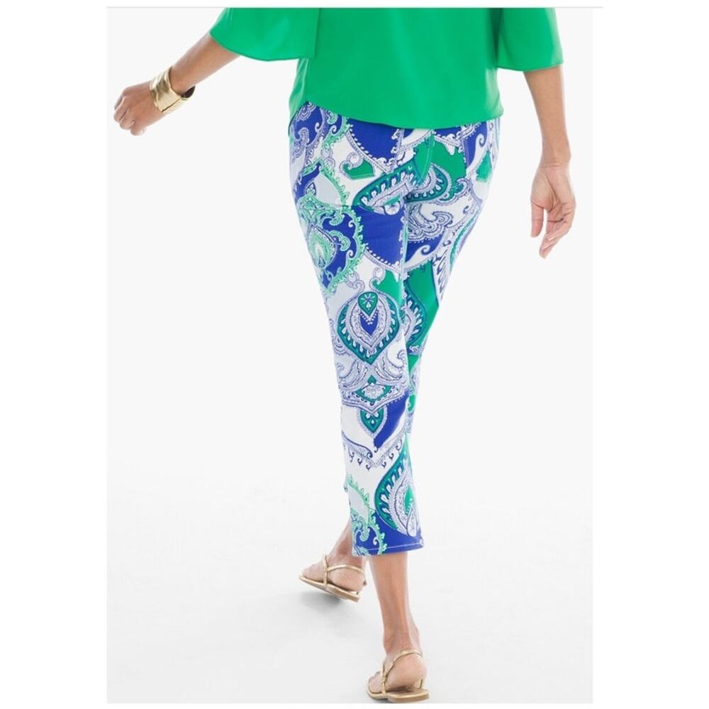 CHICOS Platinum Mykonos Scarf Crop Jeans Paisley Print Blue White sz 1 8 10 - Picture 2 of 12